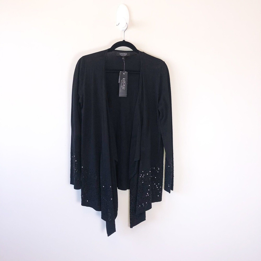 Kasper Black Draped Cardigan Sequined Open-front Sweater Top Size Medium NWT’s